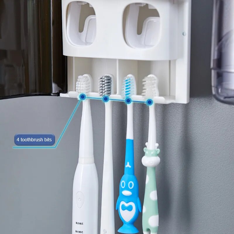 Wall Mounted Toothbrush Holder with 2 Toothpaste Dispensers, 4 Toothbrush Holders, Double Toothpaste Press Set for Bathroom with Dustproof Cover