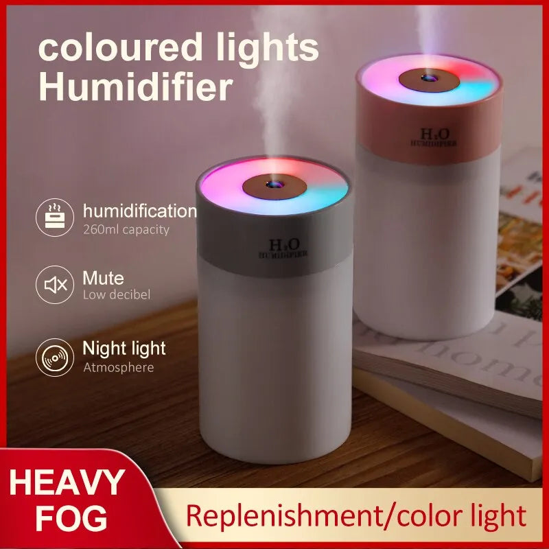 Luminous humidifier with colored lights, 260ml capacity, and USB interface, perfect for desktop use.