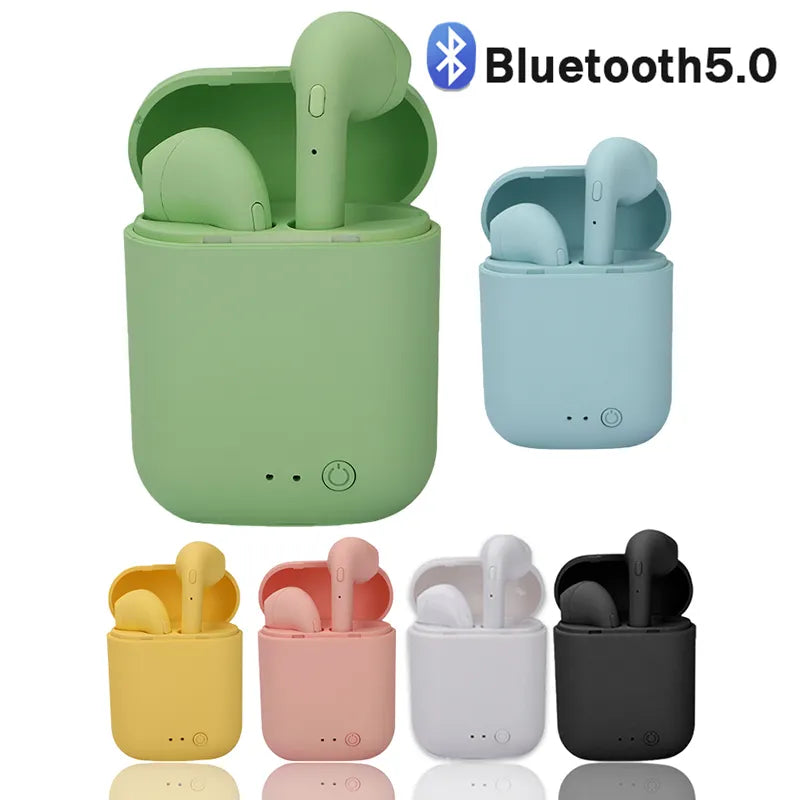 Apple/Samsung compatible Bluetooth 5.0 earbuds in assorted colors including green, blue, pink, and black, with touch control and charging case.