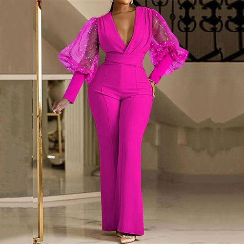 V-Neck Mesh Stitching Long Sleeve High Waist Jumpsui