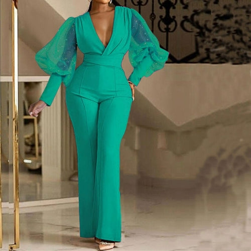 V-Neck Mesh Stitching Long Sleeve High Waist Jumpsui