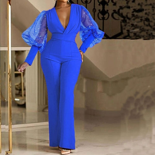 V-Neck Mesh Stitching Long Sleeve High Waist Jumpsui