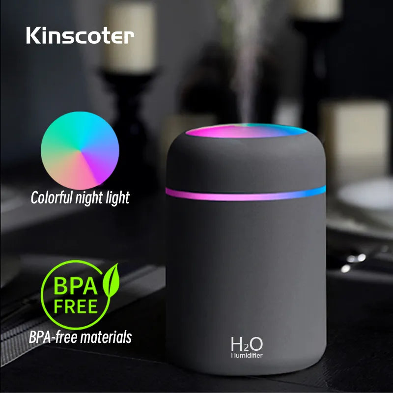 Portable 300ml H2O air humidifier with colorful night light and BPA-free materials.