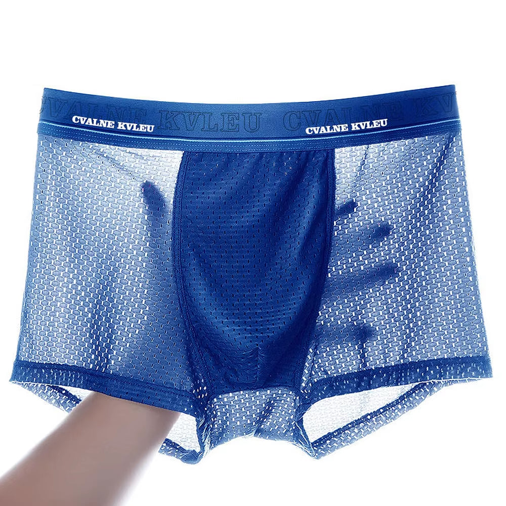 Men's classic quality string briefs in blue mesh, pack of 4.
