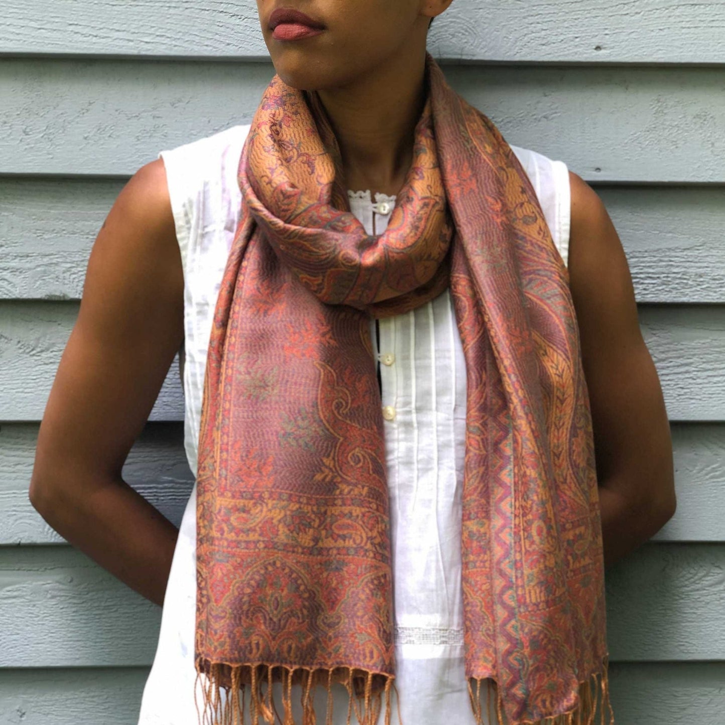 Women’s coral modal Jamawar Pashmina scarf with fringe, inspired by Kashmir Kani shawls, 100% modal silk.