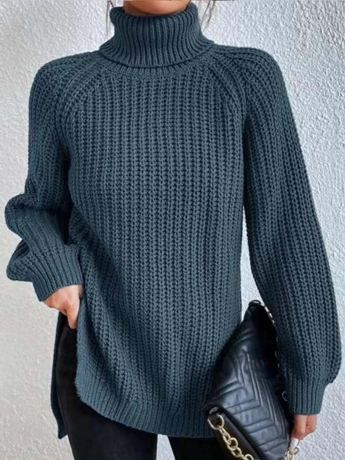 Winter Turtleneck Sweater Women Fashion Solid Color Split Knitted