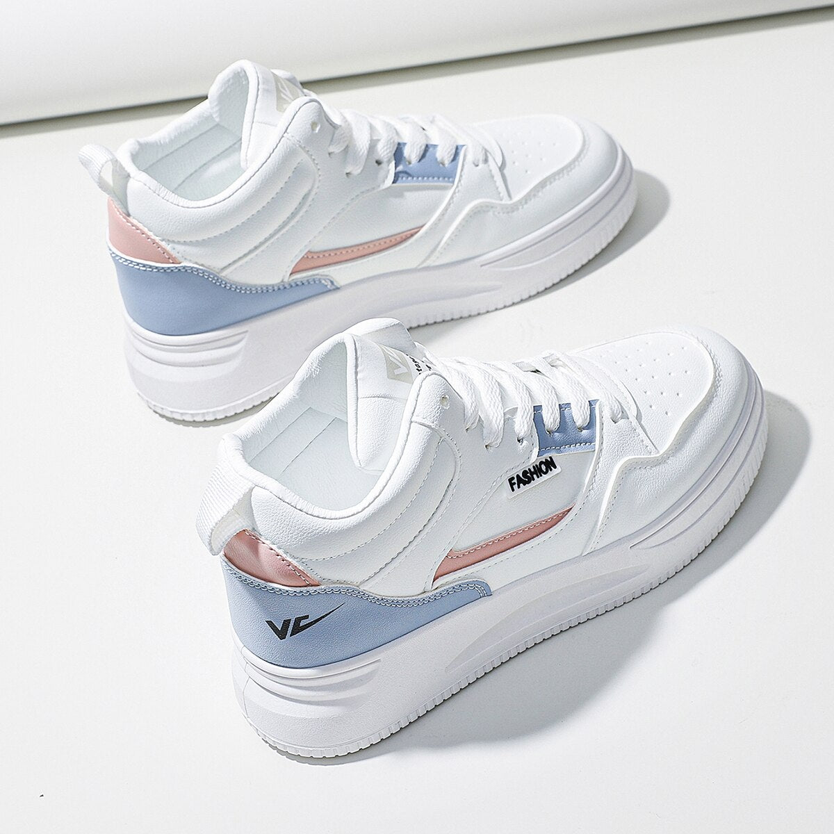 Women's Color Block Sneakers Platform Heel High Top Casual Sports Shoes, White Colorblock