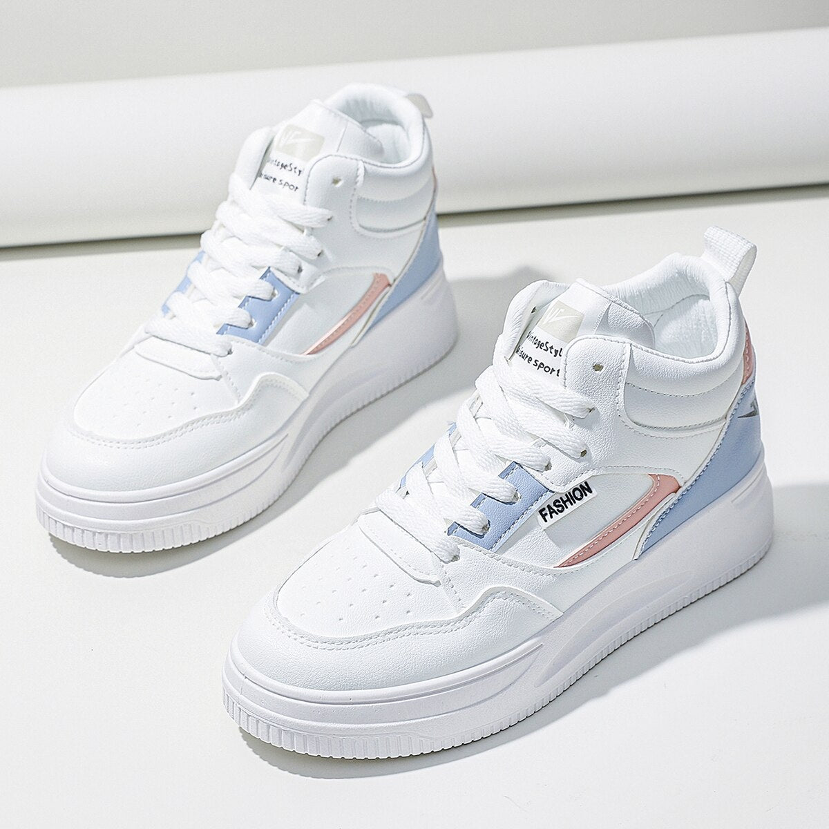 Women's Color Block Sneakers Platform Heel High Top Casual Sports Shoes, White Colorblock