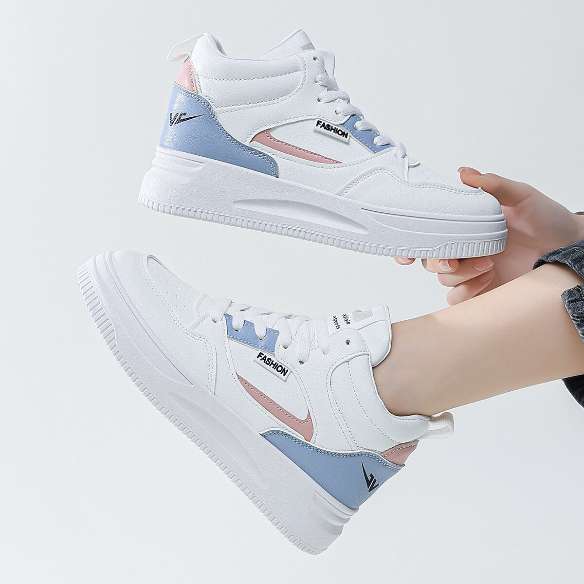 Women's Color Block Sneakers Platform Heel High Top Casual Sports Shoes, White Colorblock