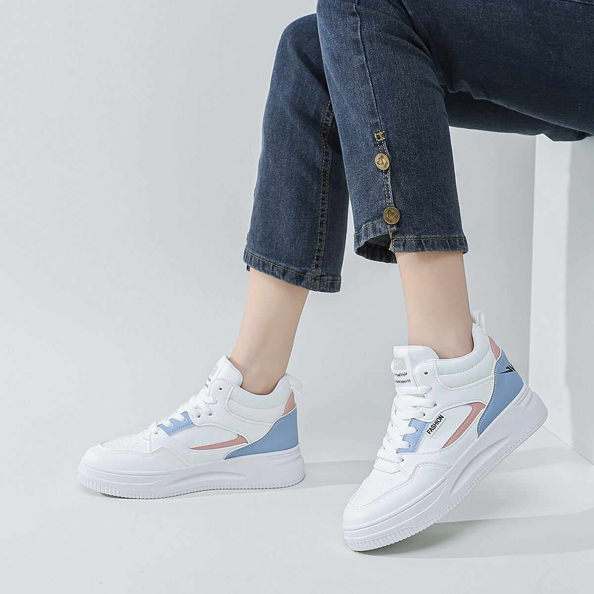 Women's Color Block Sneakers Platform Heel High Top Casual Sports Shoes, White Colorblock