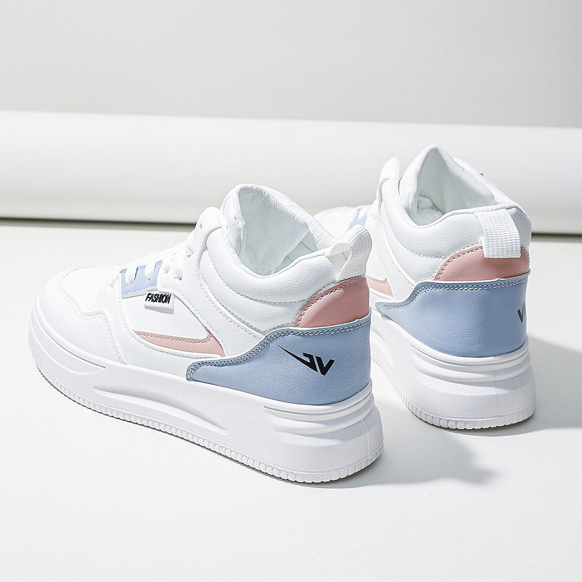 Women's Color Block Sneakers Platform Heel High Top Casual Sports Shoes, White Colorblock