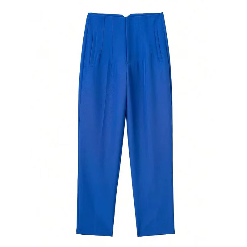 Women Chic Side Pockets Straight Pants Vintage High Waist Zipper Fly