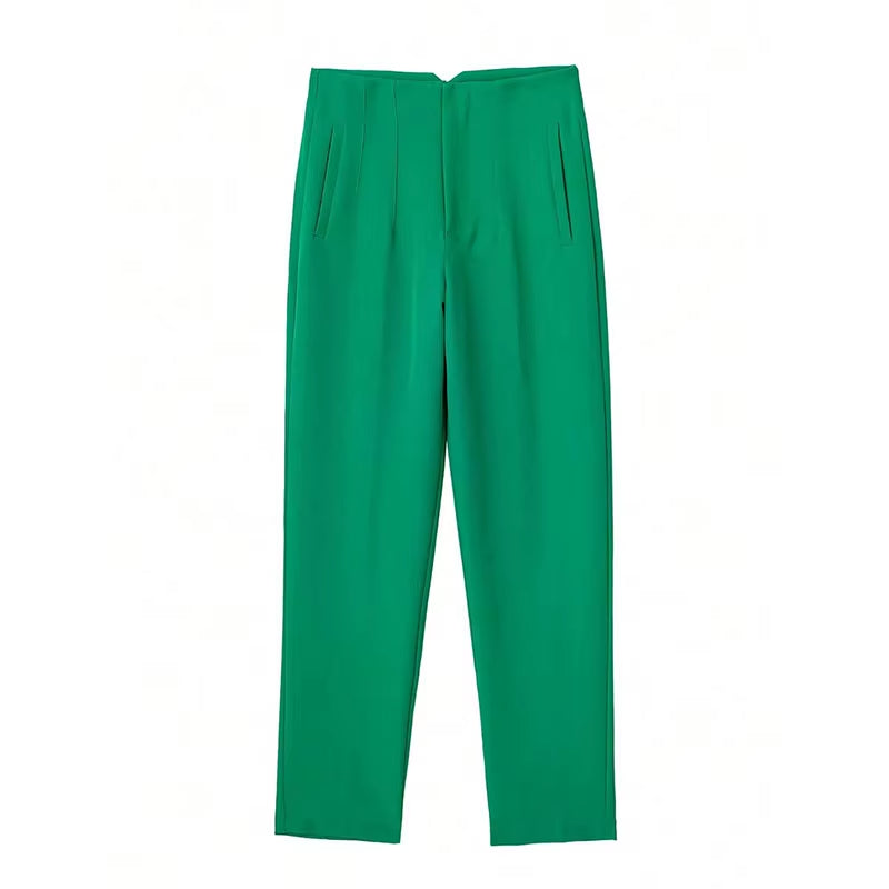 Women Chic Side Pockets Straight Pants Vintage High Waist Zipper Fly