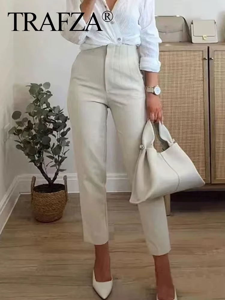 Women Chic Side Pockets Straight Pants Vintage High Waist Zipper Fly