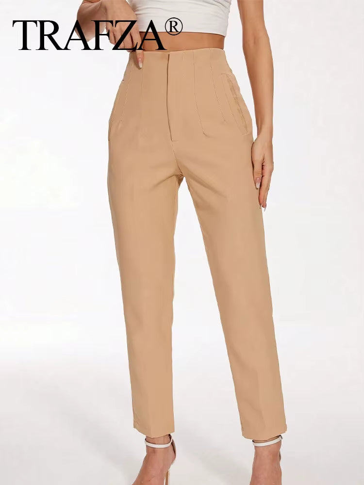 Women Chic Side Pockets Straight Pants Vintage High Waist Zipper Fly