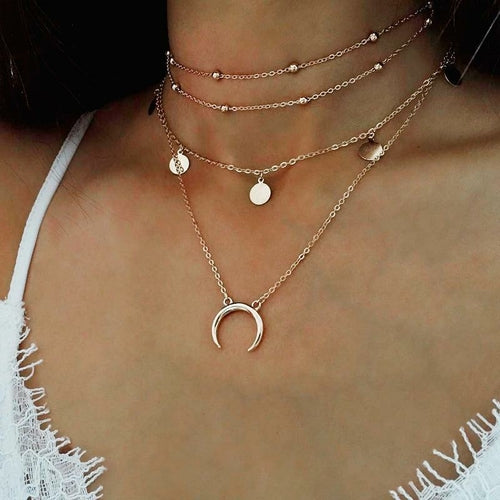 Multi-layer Silver Moon Pendant Necklace for Women. Personalised Platelets Boho Choker Necklace Gift, Lacquer