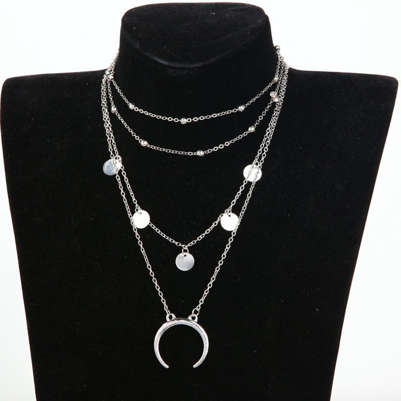 Multi-layer silver moon pendant necklace with personalized platelets, boho crescent horn moon layered design, women's jewelry.
