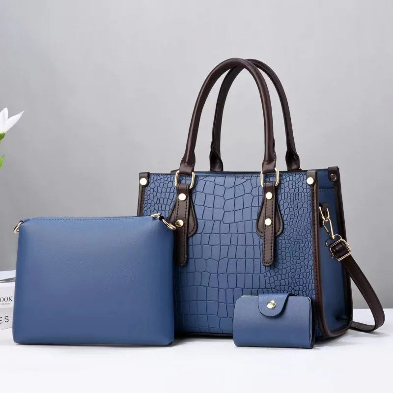 Women Fashion Luxury Solid Color Stone Pattern Large Capacity Handbag Three-Piece Bag Set
