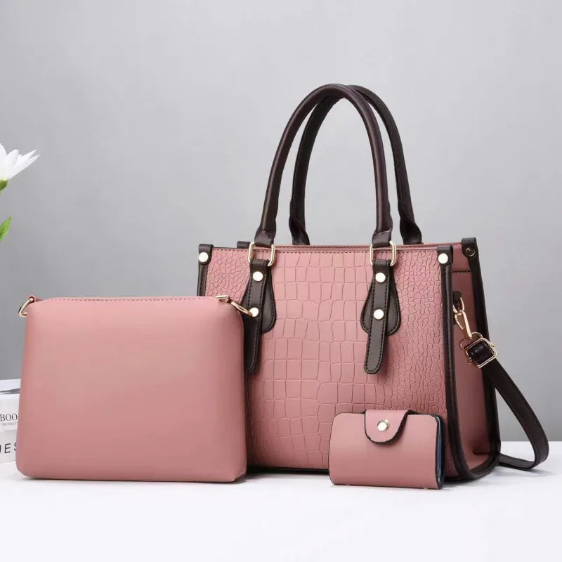 Women Fashion Luxury Solid Color Stone Pattern Large Capacity Handbag Three-Piece Bag Set