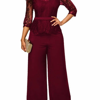 Womens Solid Lace Jumpsuit Loose 3/4 Long Sleeves Playsuit Full Body Elegan Crew Neck Rompers Onesie for Evening Out