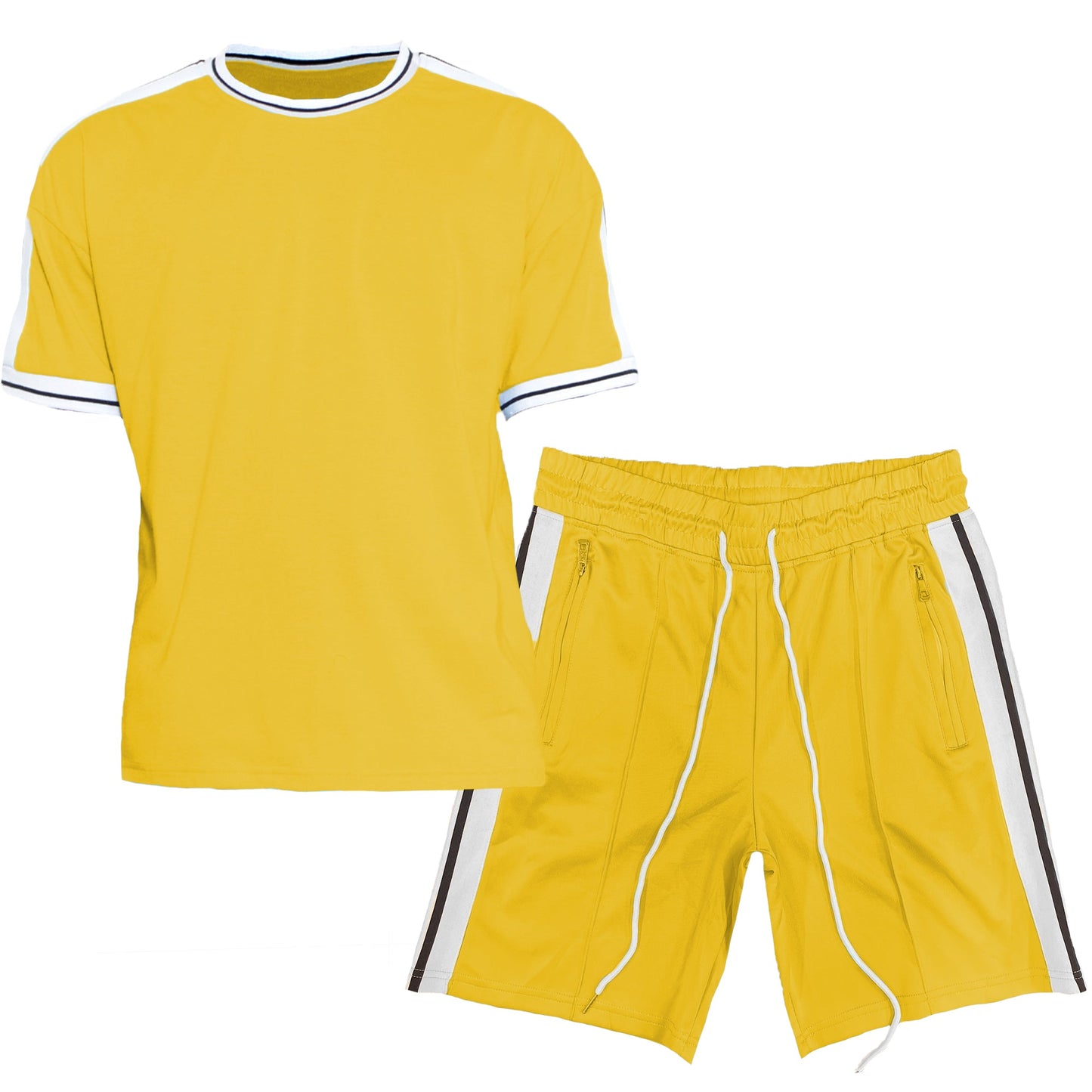 Male side stripe tape top and short set with elastic waist and drawstring.