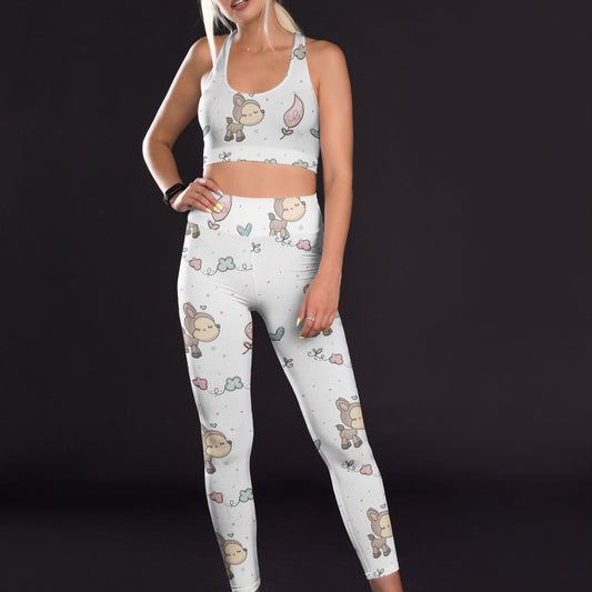 Woodland creatures print seamless yoga set for women with sports bra and high waist leggings.