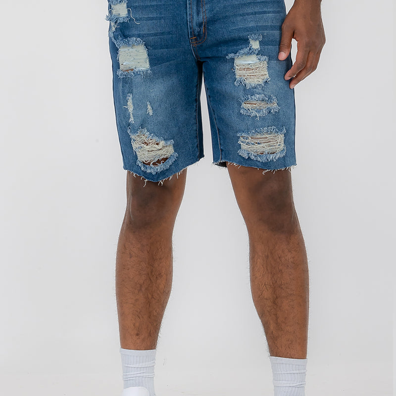 Men's distressed denim shorts, blue, loose fit, ripped design, casual summer wear.