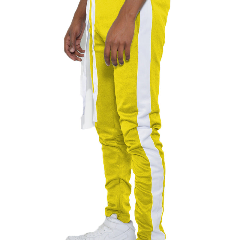 Men's classic slim fit track pants with white side stripe, drawstring waist, and ankle zipper.
