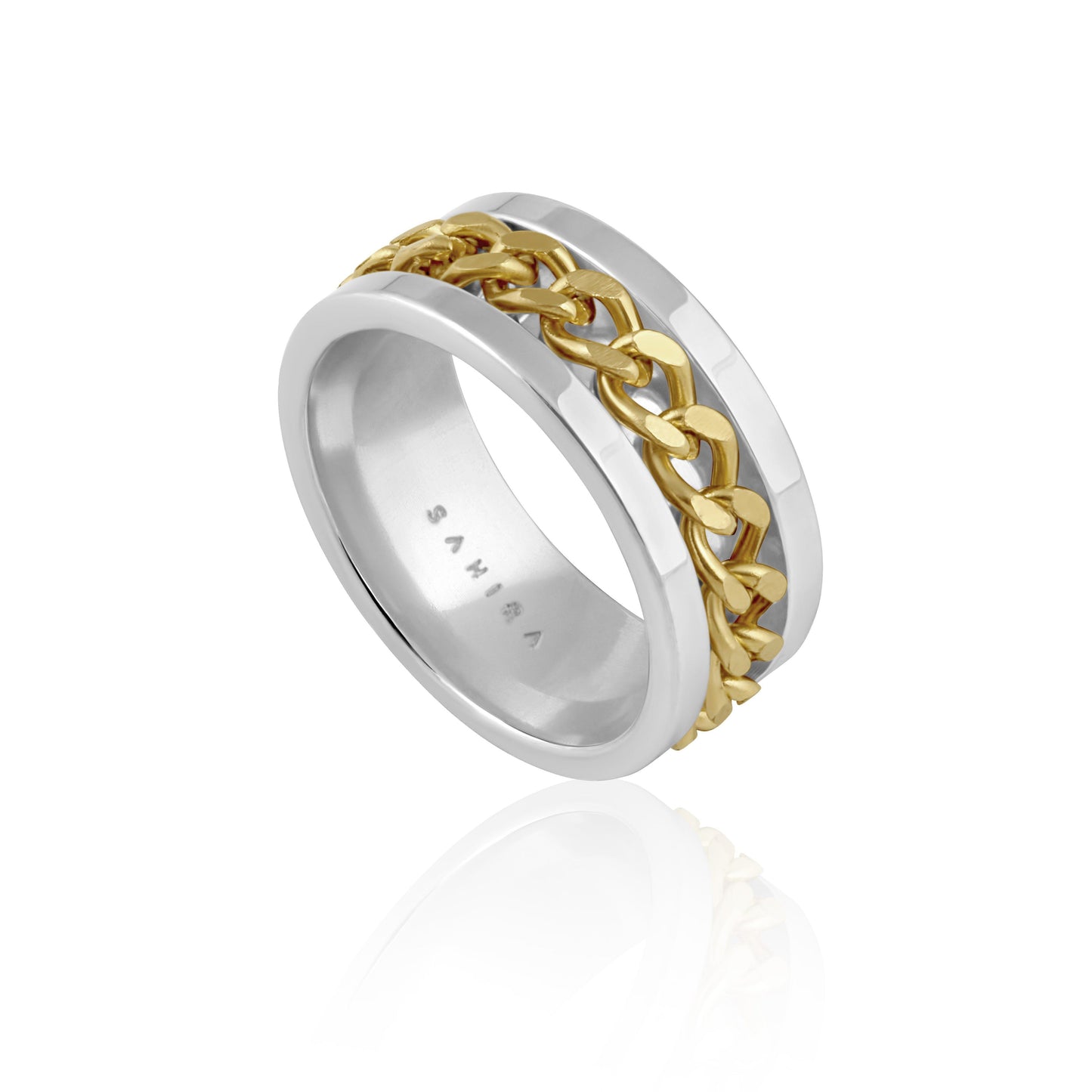 Lola Chain Ring, stainless steel wedding band with curb chain inlay, size 6-15.