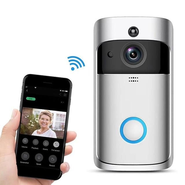 Wifi security high-quality video doorbell with remote camera, showing mobile connectivity and sleek design.