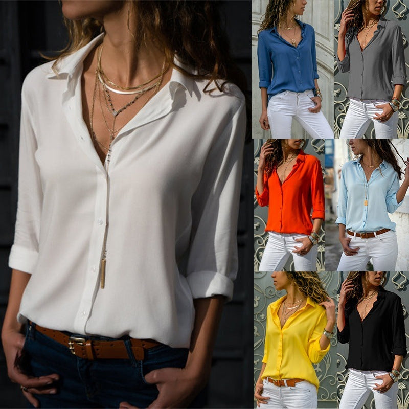 2025 Winter And Christmas Women's Long Sleeve, Deep V Button Chiffon Shirt