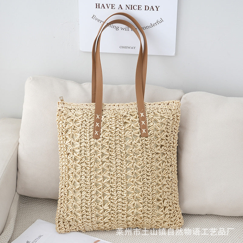 New Woven Striped Straw Bag, Fashionable And Simple Handbag, Casual Hollow Women Large Capacity Bag