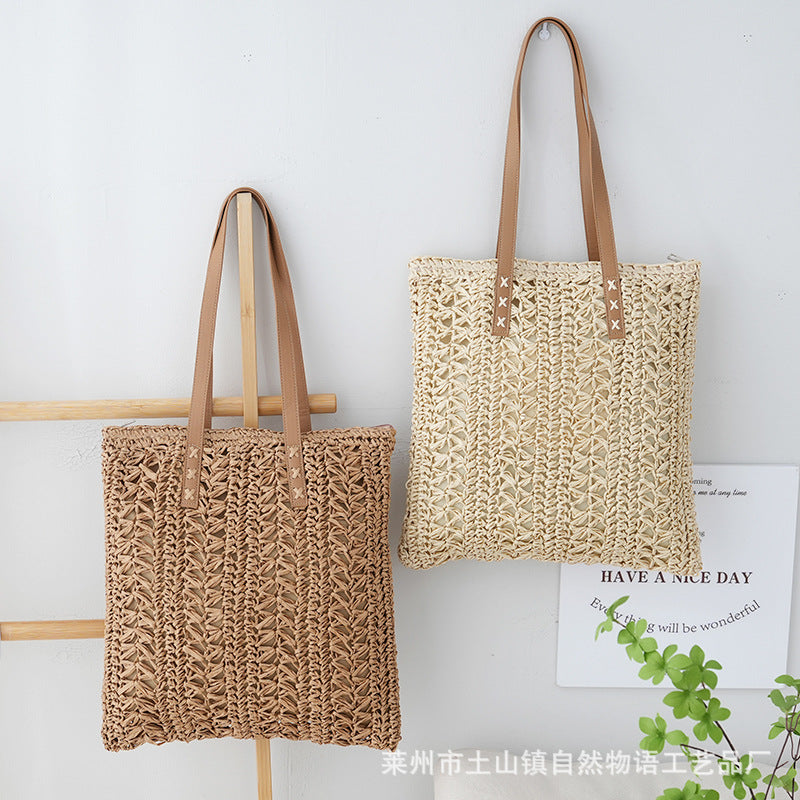 Woven striped straw bags with brown and beige color options, featuring a large capacity and fashionable design.