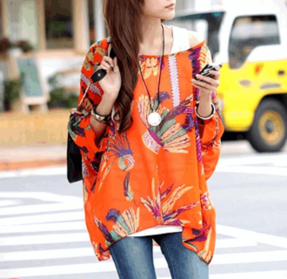 Womens Loose Fit Tropical Print Chiffon Tunic Top