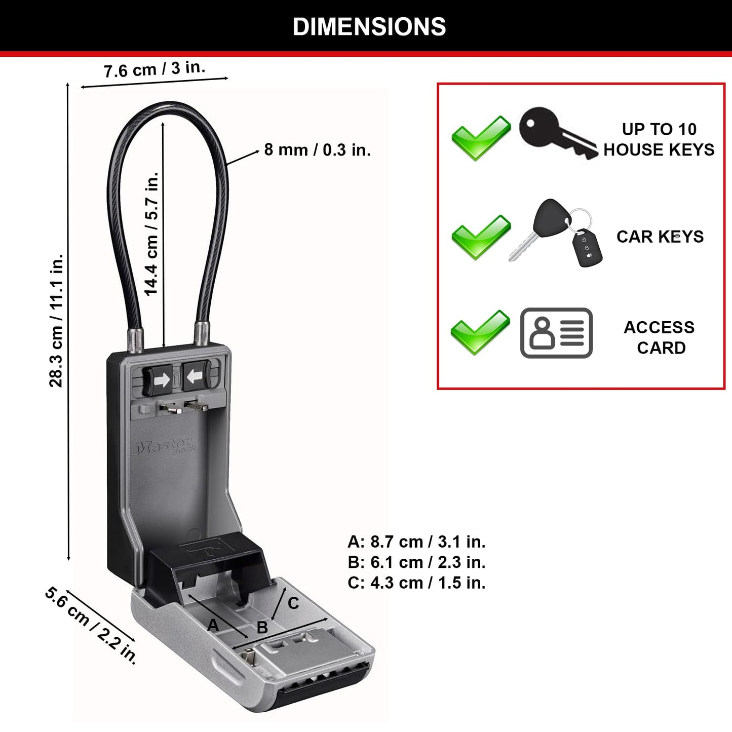 MASTER LOCK Key Safe Wall Mounted, Medium 85 x 119 x 36 mm, Outdoor, Mounting Kit, for Home Office Industries Vehicles, Black & Silver