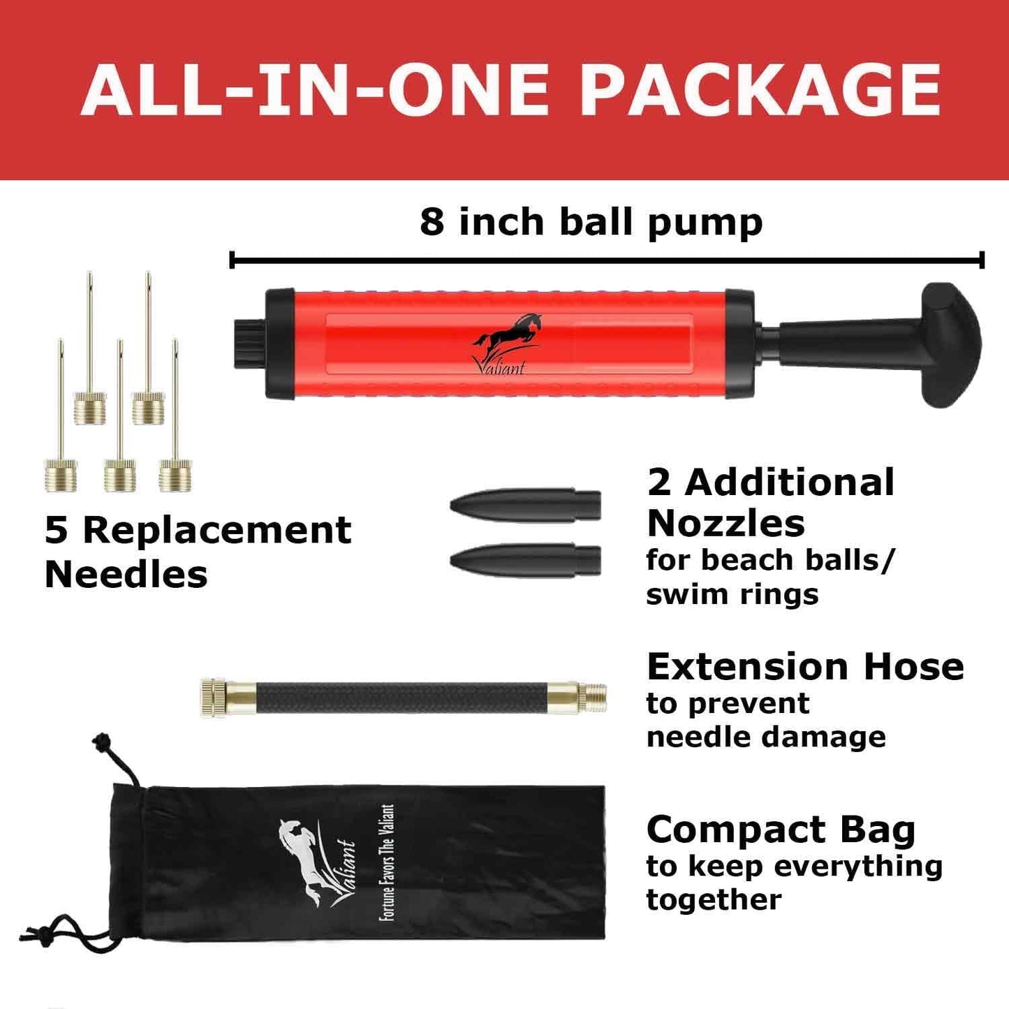 Sports Ball Pump Inflator with 5 needles (Pin) and Pouch, Dual Action Hand Held Portable Air Ball Pump with pins to Inflate Athletic Soccer Ball, Football, Volleyball, Rugby & Basketball