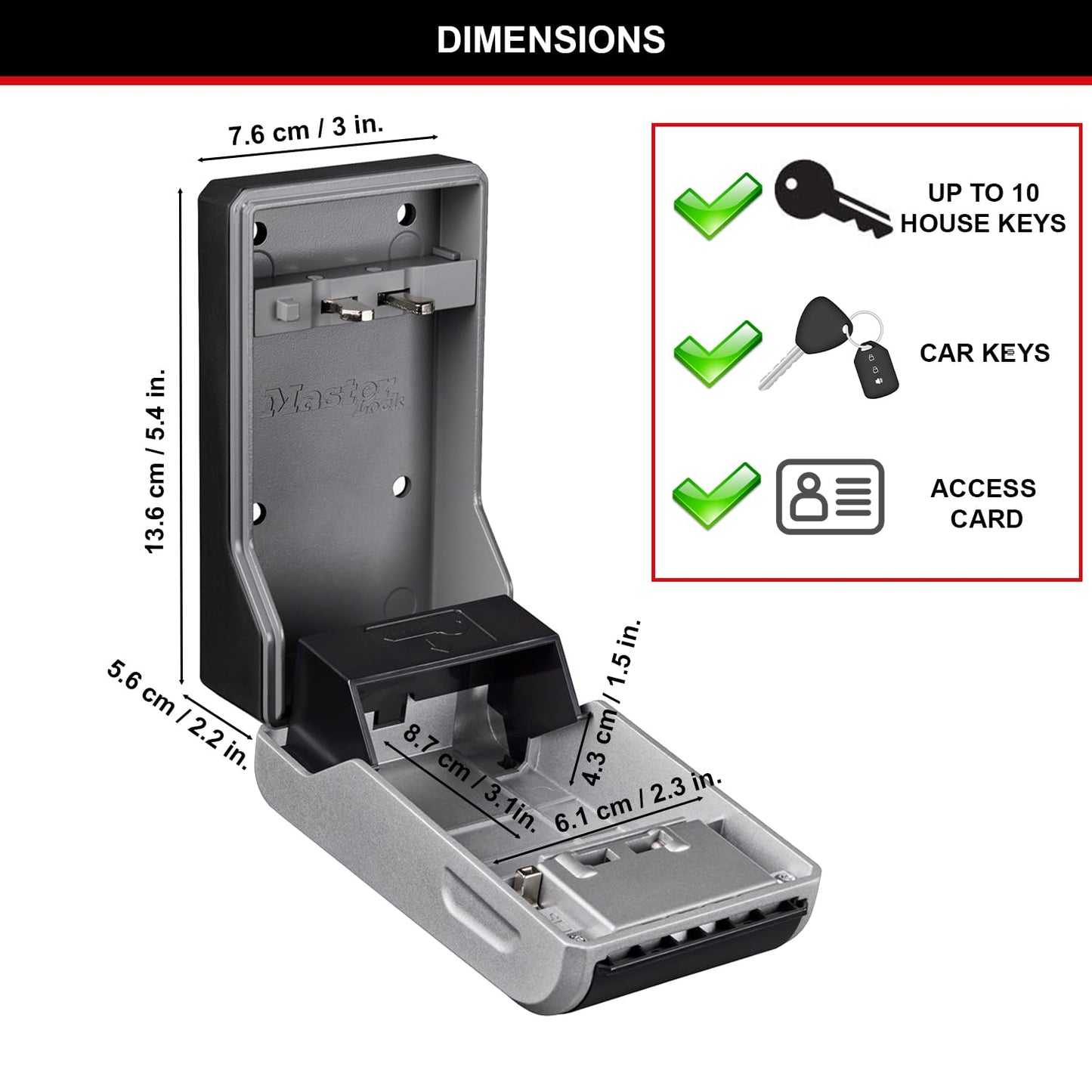 MASTER LOCK Key Safe Wall Mounted, Medium 85 x 119 x 36 mm, Outdoor, Mounting Kit, for Home Office Industries Vehicles, Black & Silver