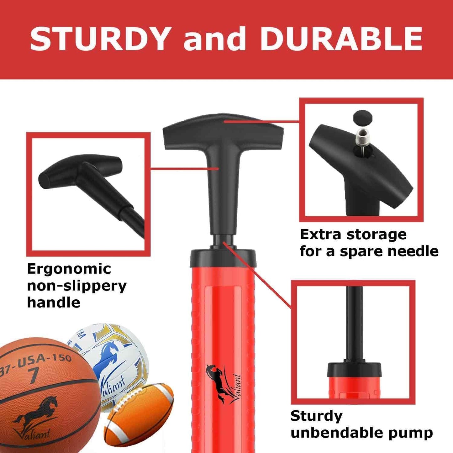 Sports Ball Pump Inflator with 5 needles (Pin) and Pouch, Dual Action Hand Held Portable Air Ball Pump with pins to Inflate Athletic Soccer Ball, Football, Volleyball, Rugby & Basketball