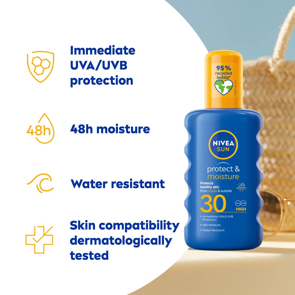 NIVEA Sun Protect & Moisture Sun Spray SPF 30 (200 ml), Moisturising Suncream Spray with SPF 30, Advanced Sunscreen Providing Immediate, Effective UVA + UVB Protection