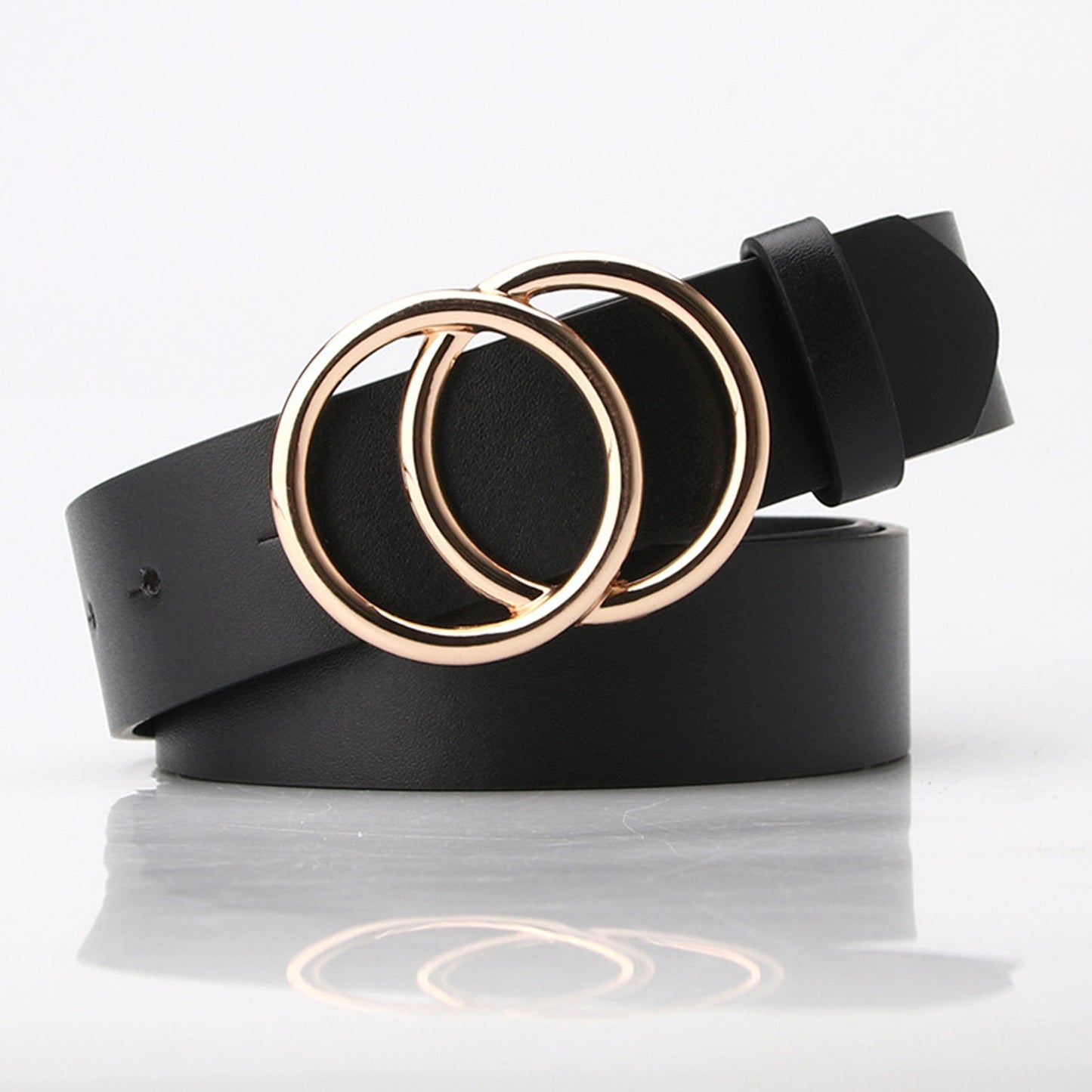 Woman's Leather Belt with Double O-Ring Buckle Jeans Waist Belts