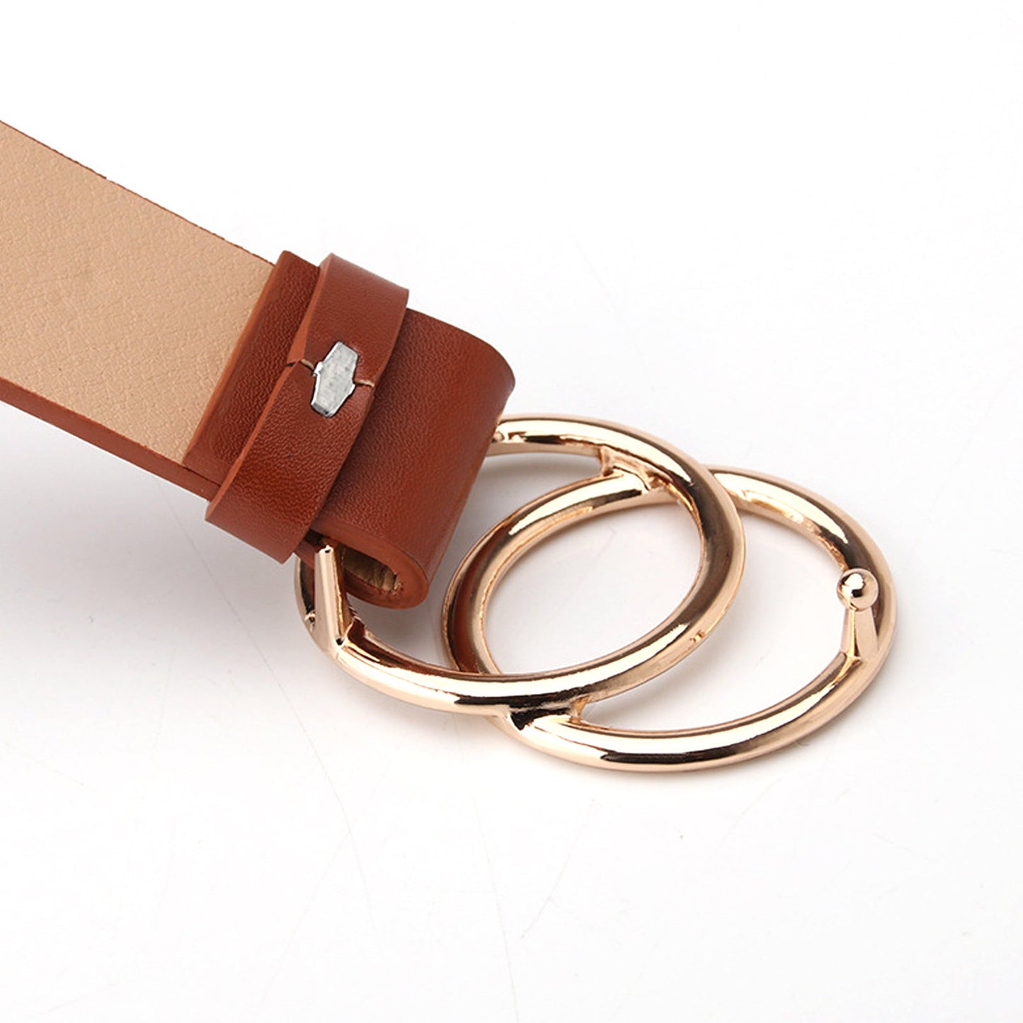 Woman's Leather Belt with Double O-Ring Buckle Jeans Waist Belts