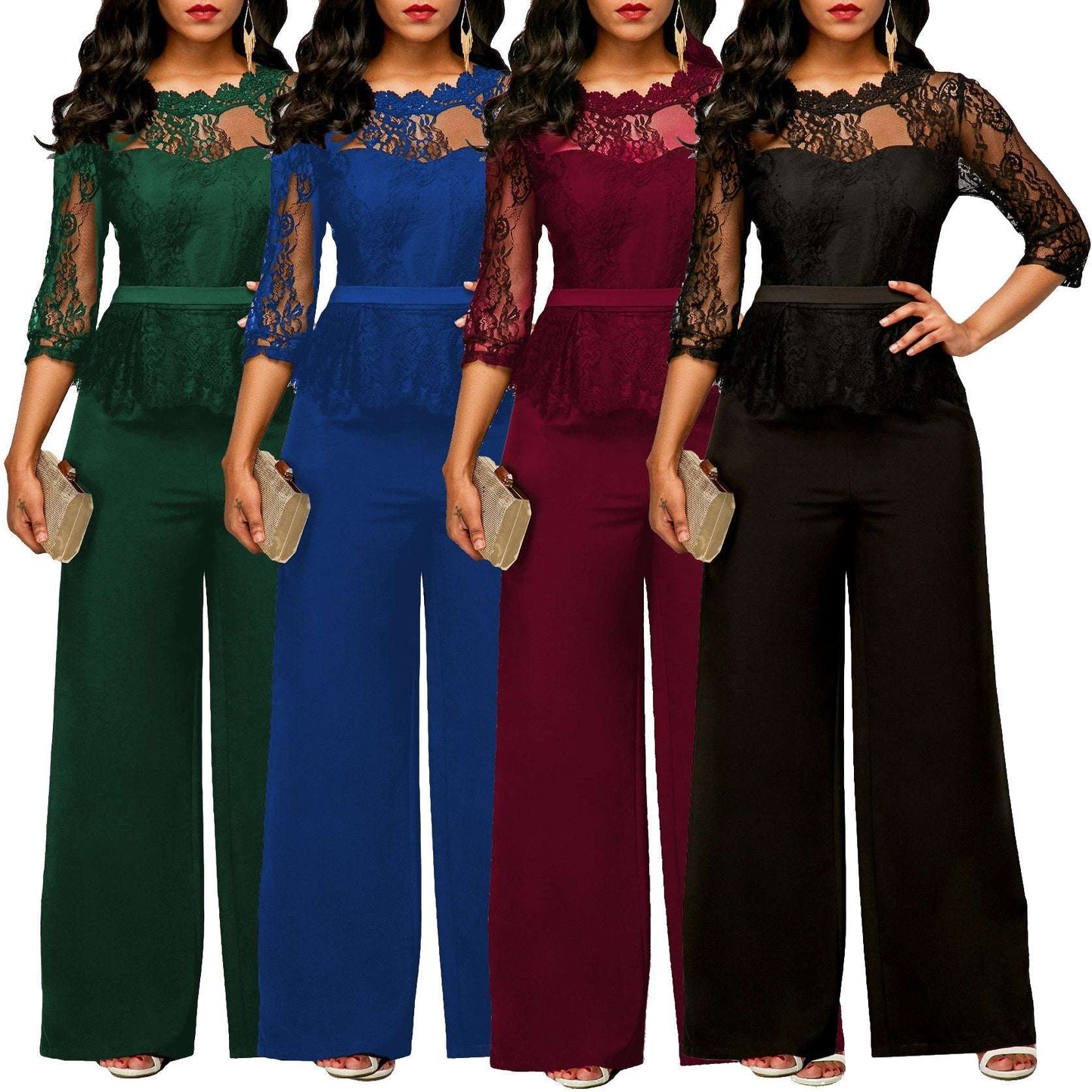 Womens Solid Lace Jumpsuit Loose 3/4 Long Sleeves Playsuit Full Body Elegan Crew Neck Rompers Onesie for Evening Out