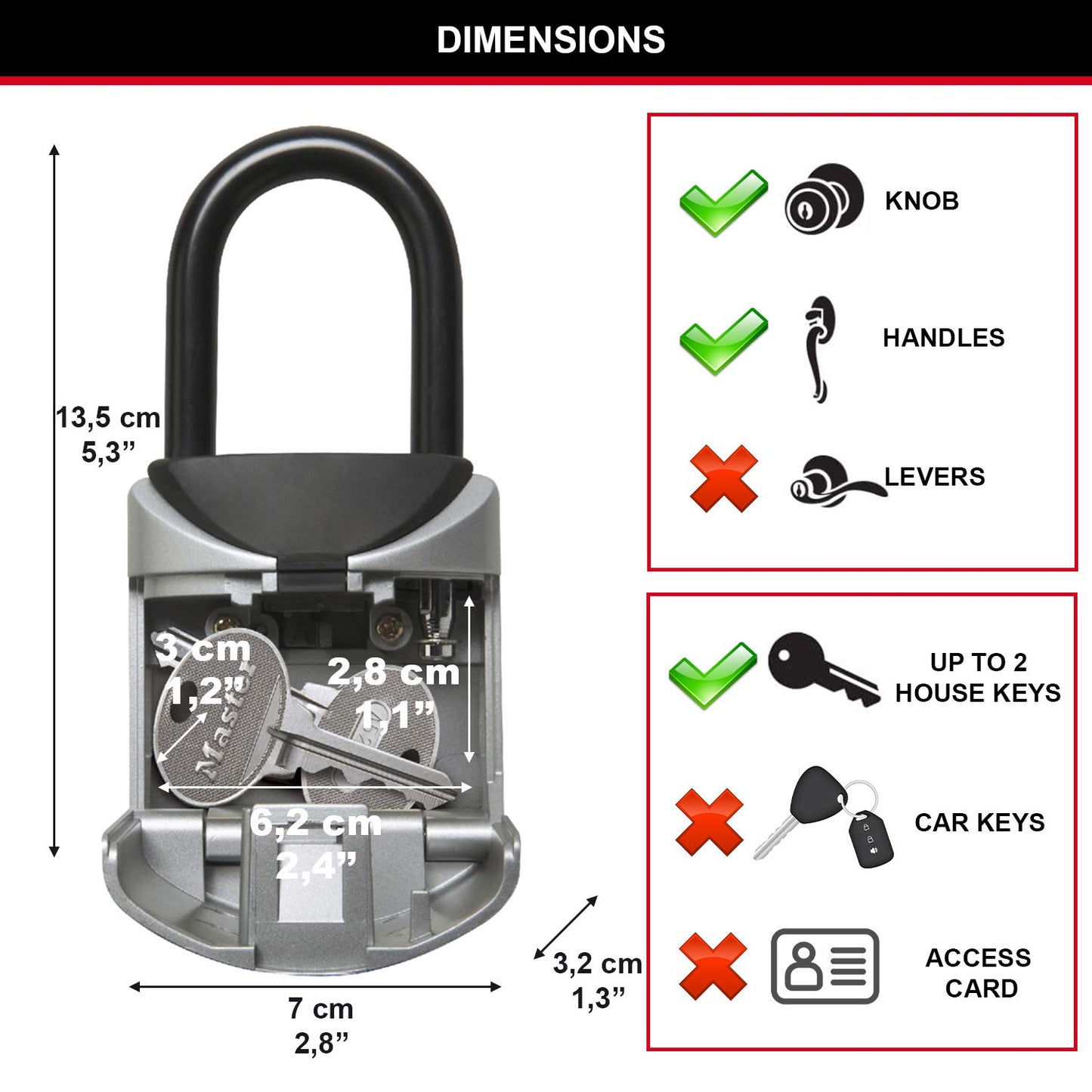 MASTER LOCK Key Safe Wall Mounted, Medium 85 x 119 x 36 mm, Outdoor, Mounting Kit, for Home Office Industries Vehicles, Black & Silver