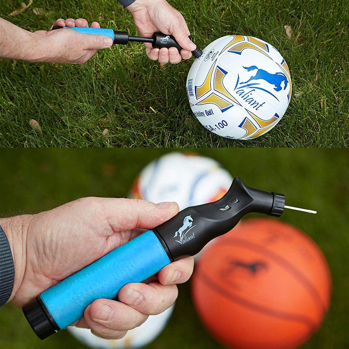 Sports Ball Pump Inflator with 5 needles (Pin) and Pouch, Dual Action Hand Held Portable Air Ball Pump with pins to Inflate Athletic Soccer Ball, Football, Volleyball, Rugby & Basketball