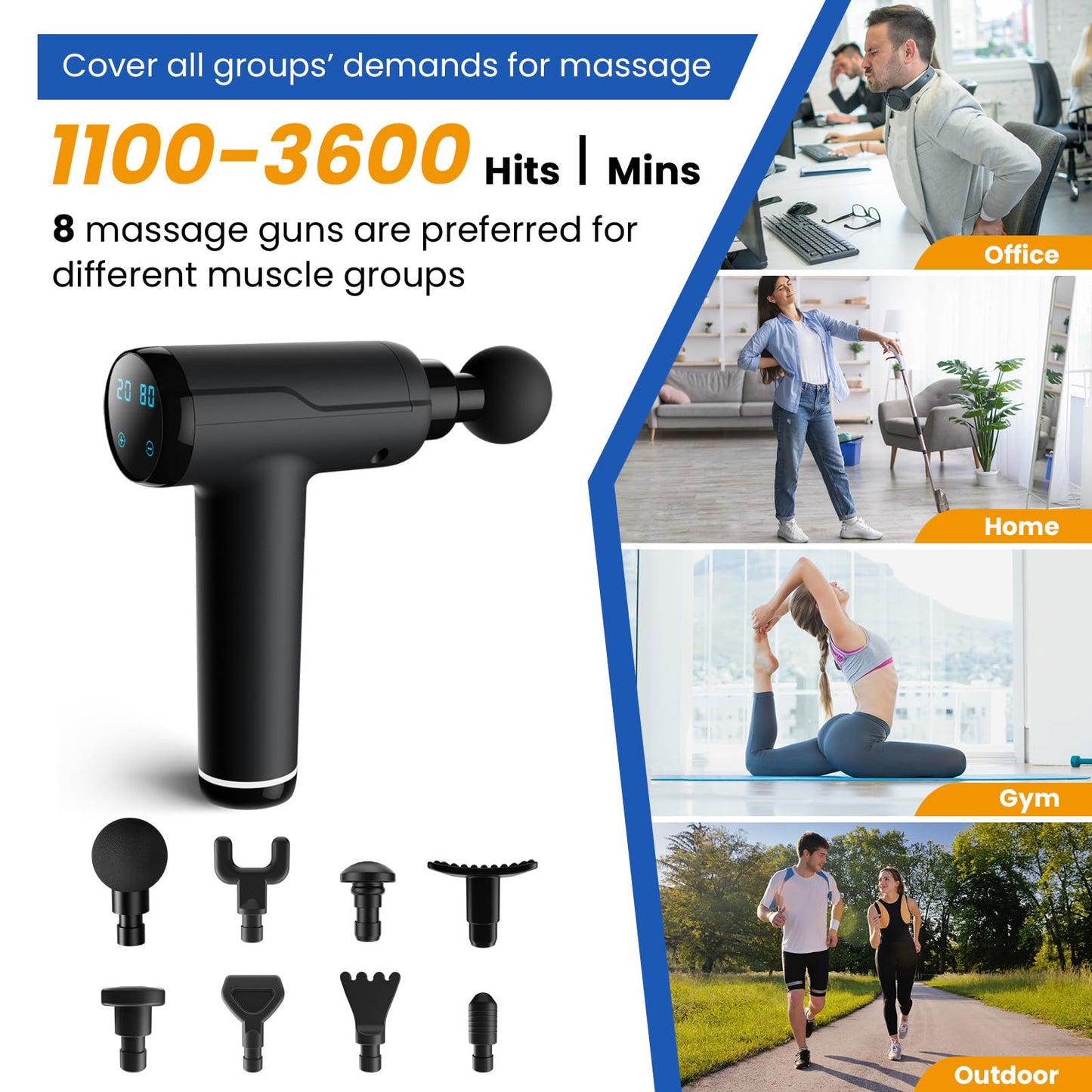 Massage Gun Deep Tissue, Portable Muscle Massage Device with 8 Massage Heads, 2024 Massager 20 Speeds with LCD Touch Screen, Featuring Quiet Glide Technology, Powerful Cordless Percussion