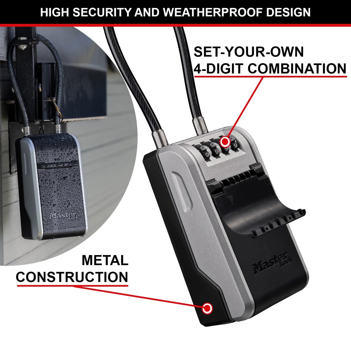 MASTER LOCK Key Safe Wall Mounted, Medium 85 x 119 x 36 mm, Outdoor, Mounting Kit, for Home Office Industries Vehicles, Black & Silver