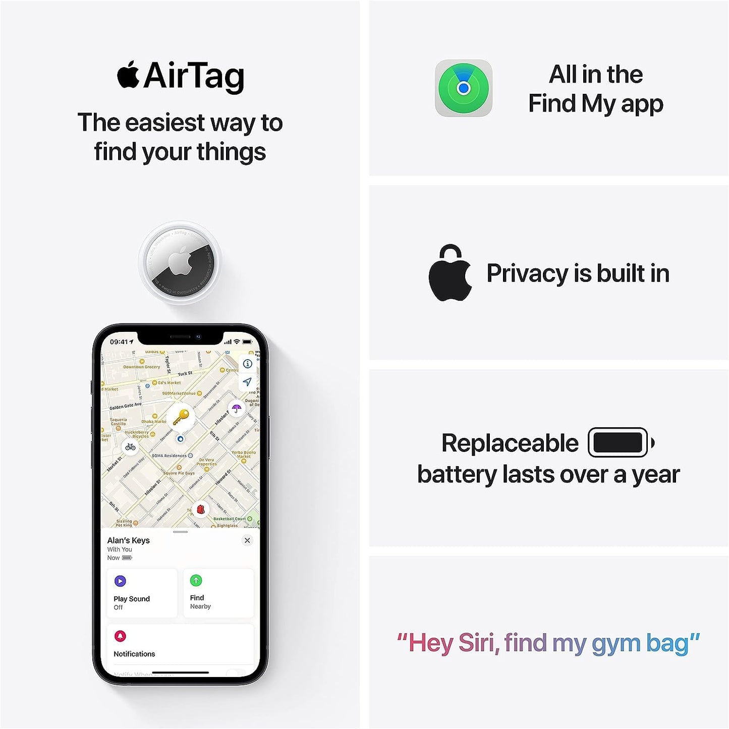 Apple AirTag. Track your keys, wallet, luggage, backpack. Replaceable battery. Water-resistant. One-tap set up with iPhone or iPad.