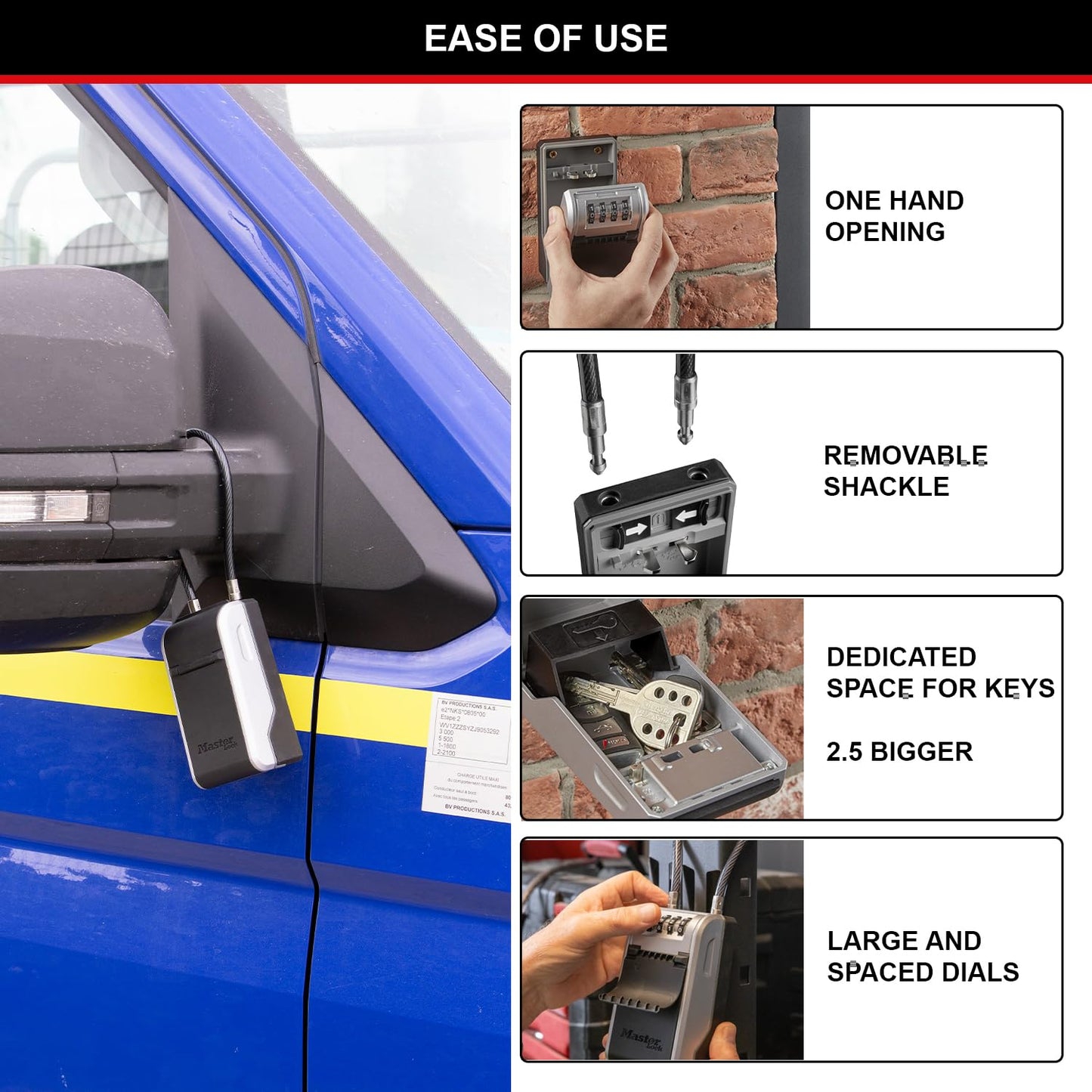 MASTER LOCK Key Safe Wall Mounted, Medium 85 x 119 x 36 mm, Outdoor, Mounting Kit, for Home Office Industries Vehicles, Black & Silver