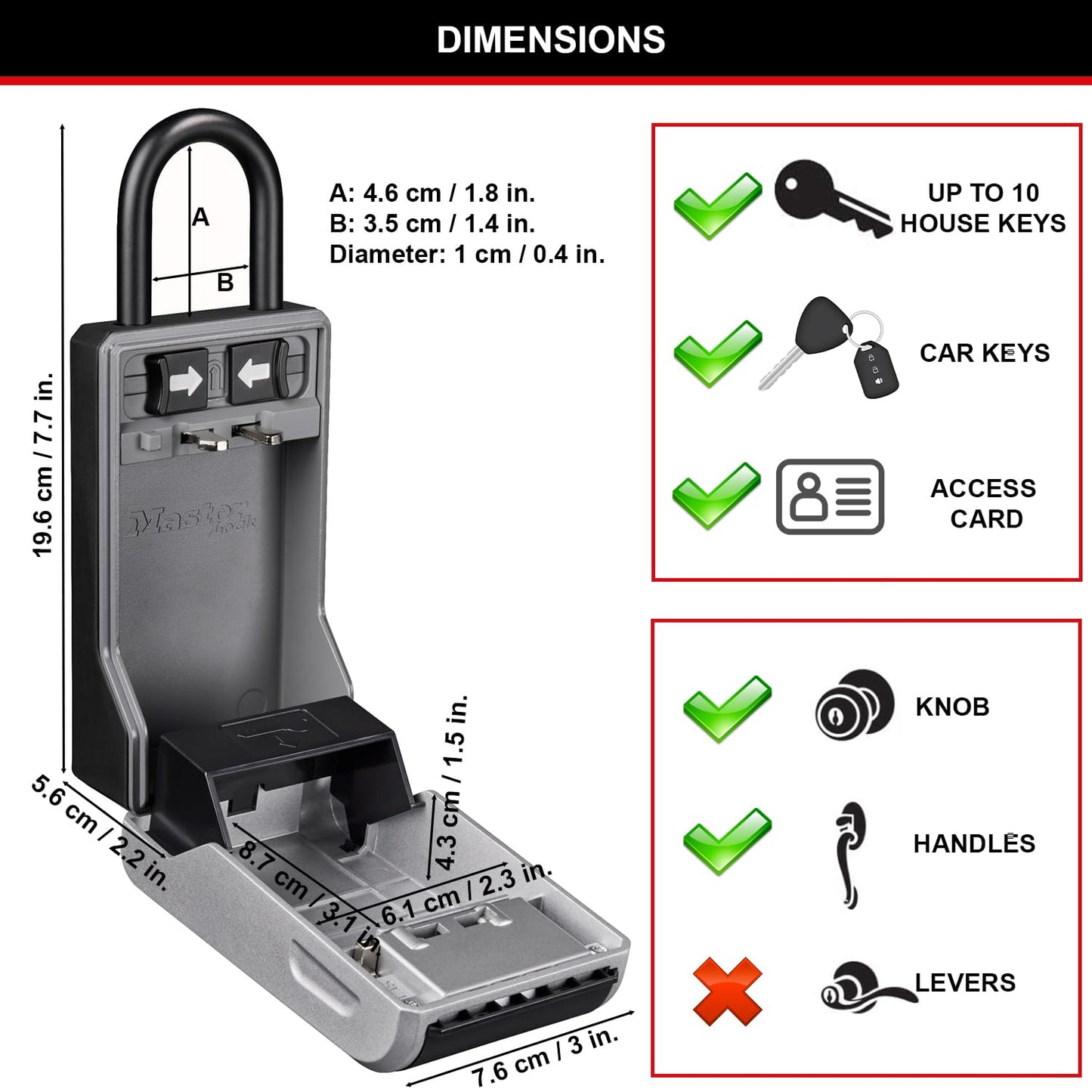 MASTER LOCK Key Safe Wall Mounted, Medium 85 x 119 x 36 mm, Outdoor, Mounting Kit, for Home Office Industries Vehicles, Black & Silver