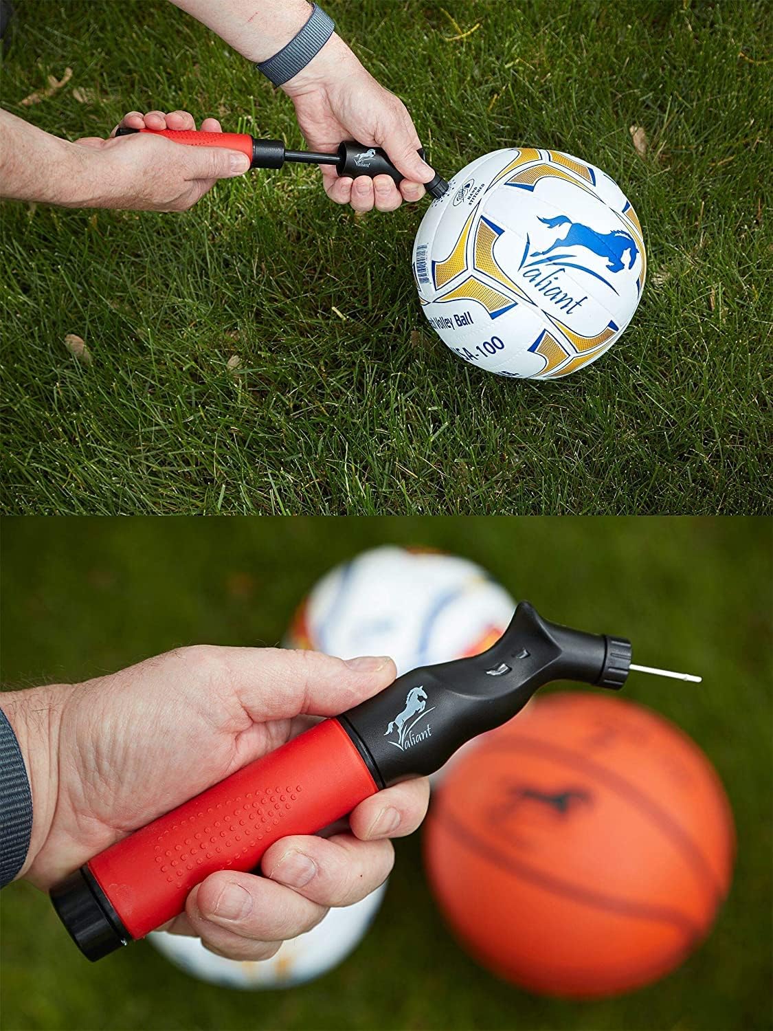 Sports Ball Pump Inflator with 5 needles (Pin) and Pouch, Dual Action Hand Held Portable Air Ball Pump with pins to Inflate Athletic Soccer Ball, Football, Volleyball, Rugby & Basketball